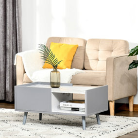 HOMCOM Two-Tone Coffee Table Marble Effect w/ Storage Wood Legs Home Furniture