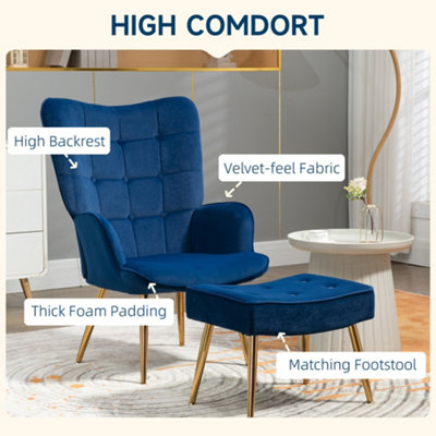 HOMCOM Upholstered Armchair with Footstool Set, Modern Button Tufted Accent Chair with Gold Tone Steel Legs, Wingback Chair, Blue