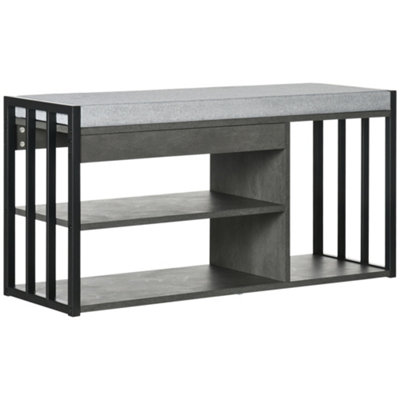 HOMCOM Upholstered Entryway Shoe Bench with Storage Open Shelves, Grey