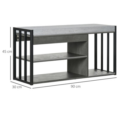 HOMCOM Upholstered Entryway Shoe Bench with Storage Open Shelves, Grey