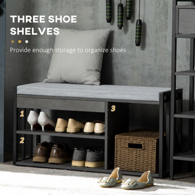 HOMCOM Upholstered Entryway Shoe Bench with Storage Open Shelves, Grey