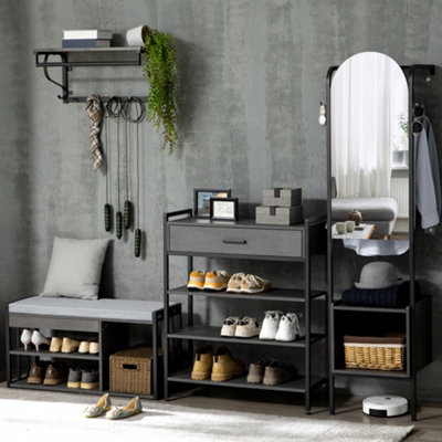 HOMCOM Upholstered Entryway Shoe Bench with Storage Open Shelves, Grey