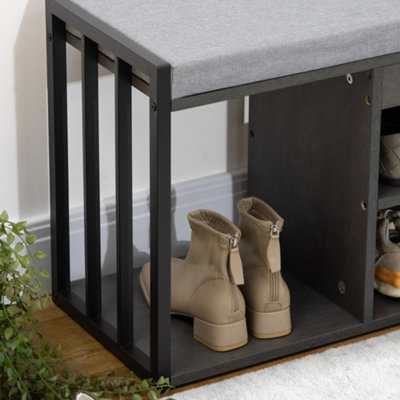 HOMCOM Upholstered Entryway Shoe Bench with Storage Open Shelves, Grey
