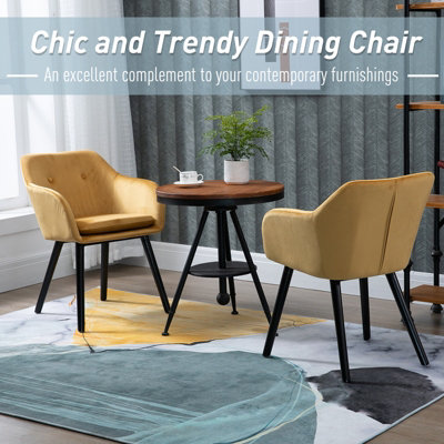 HOMCOM Upholstered Velvet Fabric Bucket Seat Dining Armchair Set of 2 Yellow
