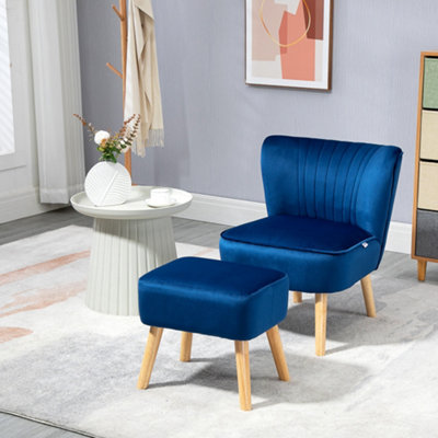 HOMCOM Velvet-Feel Accent Chair w/ Ottoman Tub Seat Padding Wood Legs Dark Blue