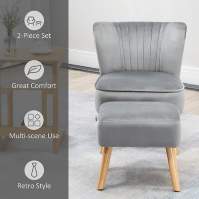 HOMCOM Velvet-Feel Accent Chair w/ Ottoman Tub Seat Padding Wood Legs Light Grey