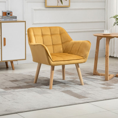 HOMCOM Velvet-Feel Accent Chair w/ Wide Arms Slanted Back Wood Legs Yellow