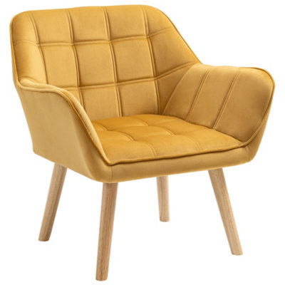 HOMCOM Velvet-Feel Accent Chair w/ Wide Arms Slanted Back Wood Legs Yellow