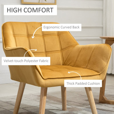 HOMCOM Velvet-Feel Accent Chair w/ Wide Arms Slanted Back Wood Legs Yellow