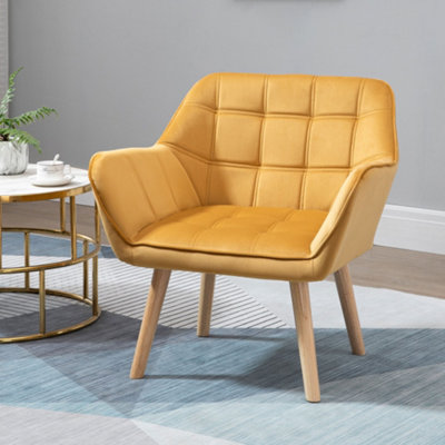 HOMCOM Velvet-Feel Accent Chair w/ Wide Arms Slanted Back Wood Legs Yellow