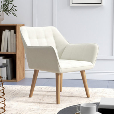 HOMCOM Velvet-Feel Accent Chair with Arms Slanted Back Wood Legs Cream ...