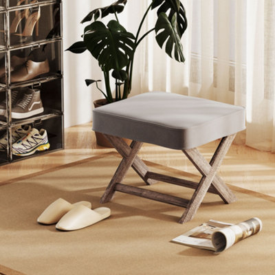 HOMCOM Vintage Footstool Padded Seat X Shape Chair Velvet Cover Shabby Grey