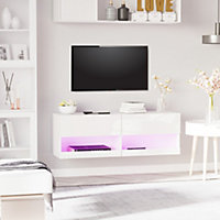 HOMCOM Wall Mount TV Stand W/ LED Lights Media Console with Storage & Cable Hole