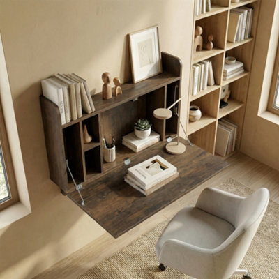 HOMCOM WALL MOUNTED TABLE W/ SPACE SAVING STORAGE COMPARTMENTS, DARK BROWN
