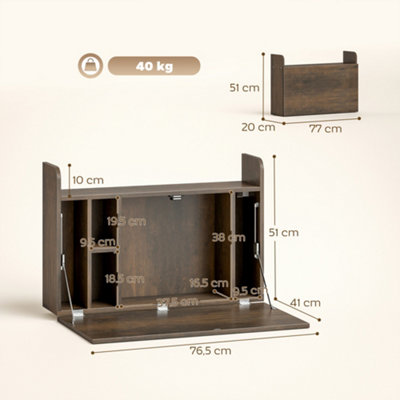 HOMCOM WALL MOUNTED TABLE W/ SPACE SAVING STORAGE COMPARTMENTS, DARK BROWN