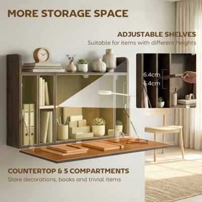 HOMCOM WALL MOUNTED TABLE W/ SPACE SAVING STORAGE COMPARTMENTS, DARK BROWN