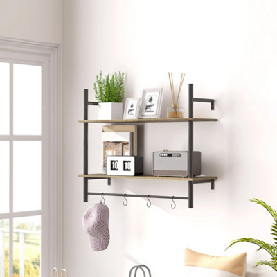 HOMCOM Wall Shelf Unit with 4 Hooks for Living Room, Entryway, Grey