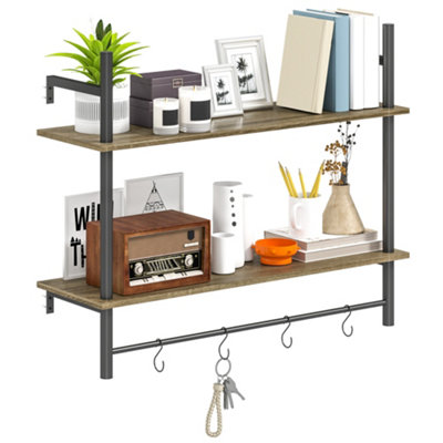 HOMCOM Wall Shelf Unit with 4 Hooks for Living Room, Entryway, Grey