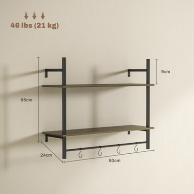 HOMCOM Wall Shelf Unit with 4 Hooks for Living Room, Entryway, Grey