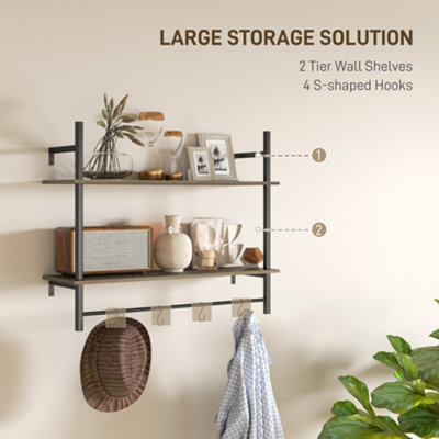 HOMCOM Wall Shelf Unit with 4 Hooks for Living Room, Entryway, Grey