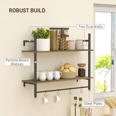HOMCOM Wall Shelf Unit with 4 Hooks for Living Room, Entryway, Grey
