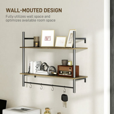 HOMCOM Wall Shelf Unit with 4 Hooks for Living Room, Entryway, Grey