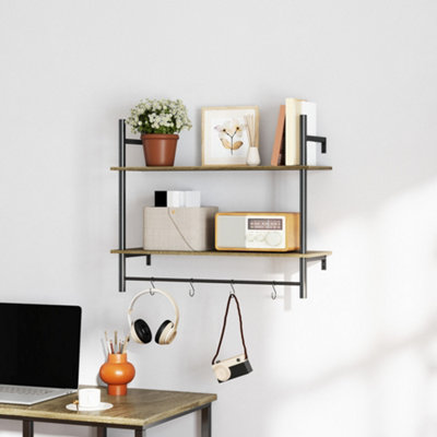 HOMCOM Wall Shelf Unit with 4 Hooks for Living Room, Entryway, Grey