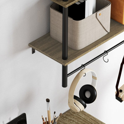 HOMCOM Wall Shelf Unit with 4 Hooks for Living Room, Entryway, Grey