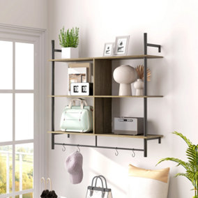 HOMCOM Wall Shelf Unit with 4 Hooks for Living Room Grey Wood Effect