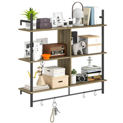 HOMCOM Wall Shelf Unit with 4 Hooks for Living Room Grey Wood Effect
