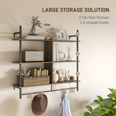 HOMCOM Wall Shelf Unit with 4 Hooks for Living Room Grey Wood Effect
