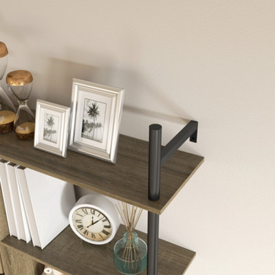 HOMCOM Wall Shelf Unit with 4 Hooks for Living Room Grey Wood Effect