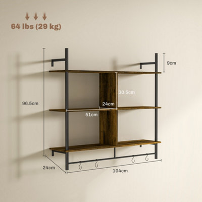 HOMCOM Wall Shelf Unit with 4 Hooks for Living Room Rustic Brown
