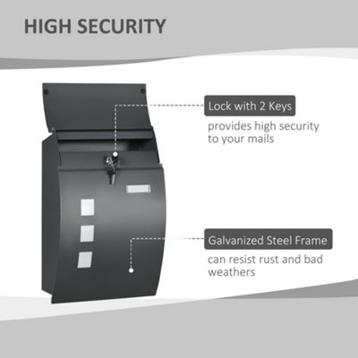 HOMCOM Weatherproof Wall Mounted Letter Box Post Box with Keys Anthracite Grey