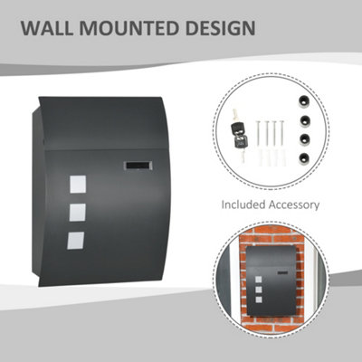 HOMCOM Weatherproof Wall Mounted Letter Box Post Box with Keys Anthracite Grey