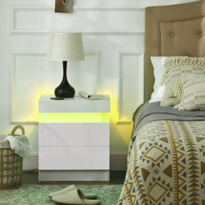 HOMCOM White Bedside Table, High Gloss Front Nightstand w/ LED Light, 2 Drawers