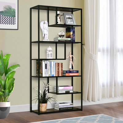 HOMCOM Wood Bookshelf Industrial Style 6 Tier Living Room Display Rack Organiser