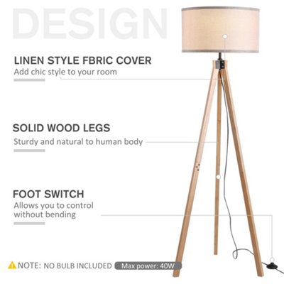 HOMCOM Wood Tripod Floor Lamp Home Lighting Elegant E27 Bulb Linen Shade Beige