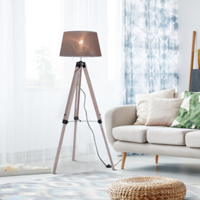 HOMCOM Wooden Adjustable Tripod Free Standing Floor Lamp  Bedside Light E27 Bulb Compatible, 99-143cm, Grey
