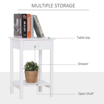 HOMCOM Wooden Bedside Table Cabinet W/ Drawer Shelf Storage End Side White