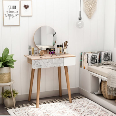 HOMCOM Wooden Compact Dressing Table w/ Drawer Mirror 4 Legs Table Top Bedroom