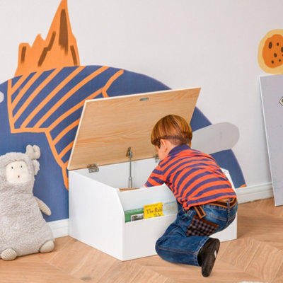 Large Wooden Storage Box With Hinged Lid & Cut-out Handles Toy Box