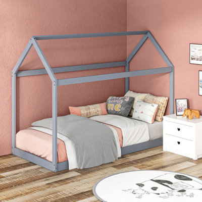 HOMCOM Wooden Single Bed Frame with Tree House Style, Grey