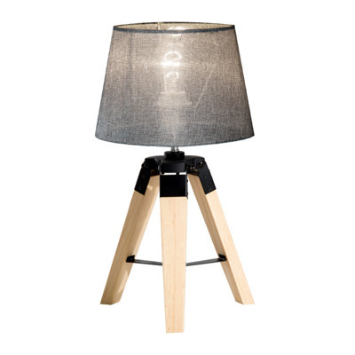 HOMCOM Wooden Tripod Table Lamp for Side, Desk or End Tables with E27 Bulb Base(Grey Shade)