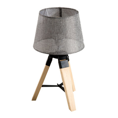HOMCOM Wooden Tripod Table Lamp for Side, Desk or End Tables with E27 Bulb Base(Grey Shade)