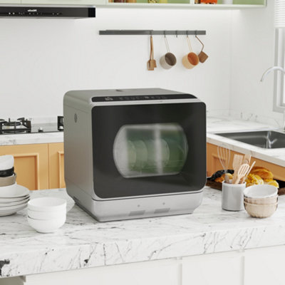 HOMCOM Worktop Dishwasher w/ 4 Place Settings 6 Programs, Silver Tone