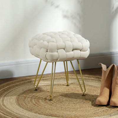HOMCOM Woven Velvet Foot Stool with Steel Legs for Living Room, Cream White