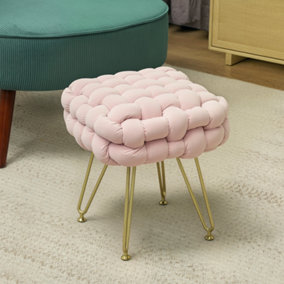 HOMCOM Woven Velvet Foot Stool with Steel Legs for Living Room, Pink