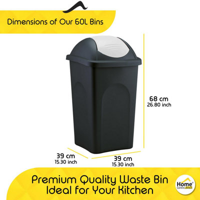 Home Centre Swing Lid Top Plastic Waste Bin 60 Litre White-Black - 3