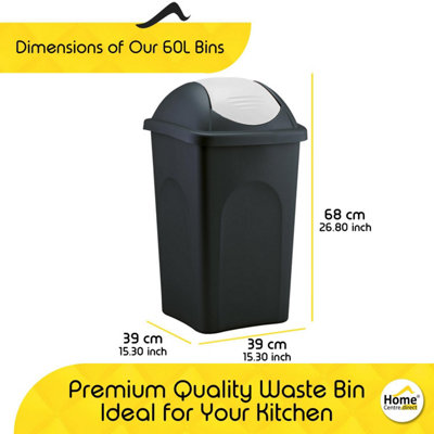 Home Centre Swing Lid Top Plastic Waste Bin 60 Litre White-Black